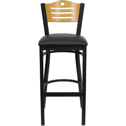 HERCULES Series Black Slat Back Metal Restaurant Barstool - Natural Wood Back, Black Vinyl Seat - Front
