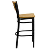 HERCULES Series Black Slat Back Metal Restaurant Barstool - Natural Wood Back & Seat - Side