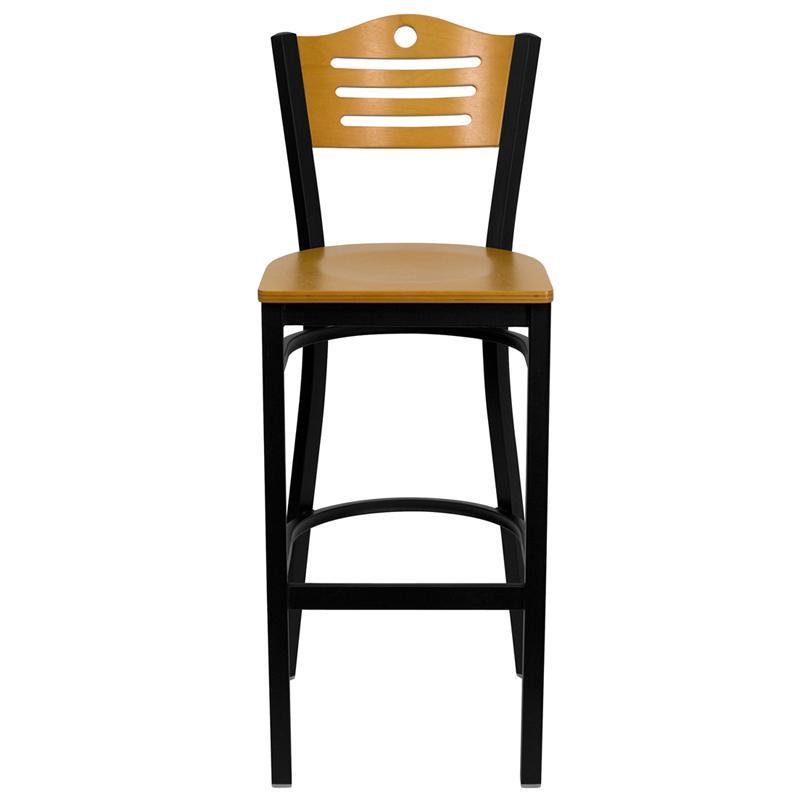 HERCULES Series Black Slat Back Metal Restaurant Barstool - Natural Wood Back & Seat - Front