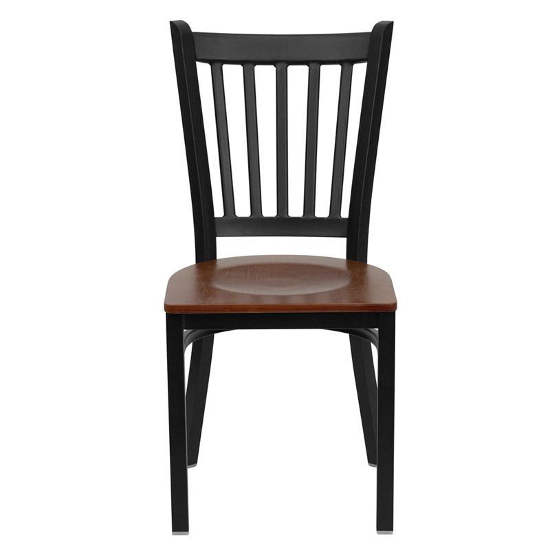 HERCULES Series Black Vertical Back Metal Restaurant Chair - Cherry Wood Seat - Front