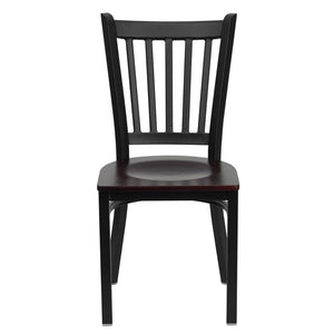 HERCULES Series Black Vertical Back Metal Restaurant Chair - Mahogany Wood Seat - Front
