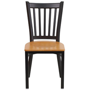 HERCULES Series Black Vertical Back Metal Restaurant Chair - Natural Wood Seat - Front