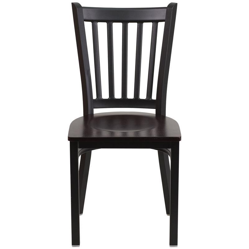 HERCULES Series Black Vertical Back Metal Restaurant Chair - Walnut Wood Seat - Front