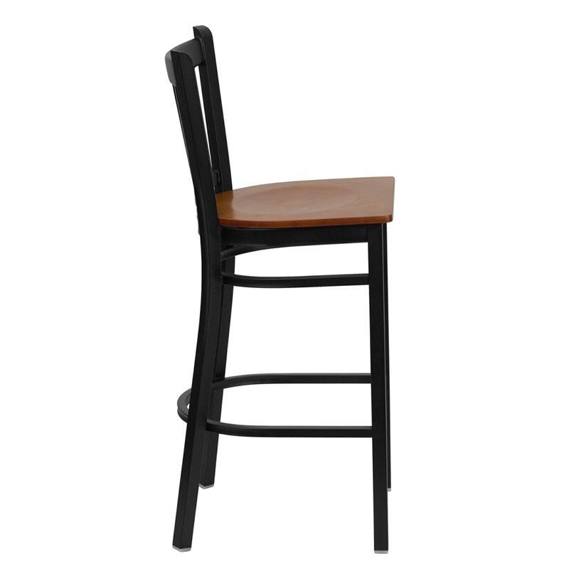 HERCULES Series Black Vertical Back Metal Restaurant Barstool - Cherry Wood Seat - Side