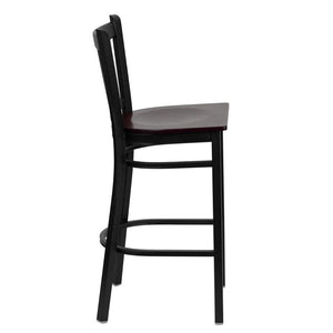 HERCULES Series Black Vertical Back Metal Restaurant Barstool - Mahogany Wood Seat - Side