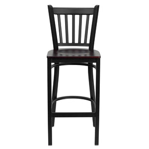 HERCULES Series Black Vertical Back Metal Restaurant Barstool - Mahogany Wood Seat - Front