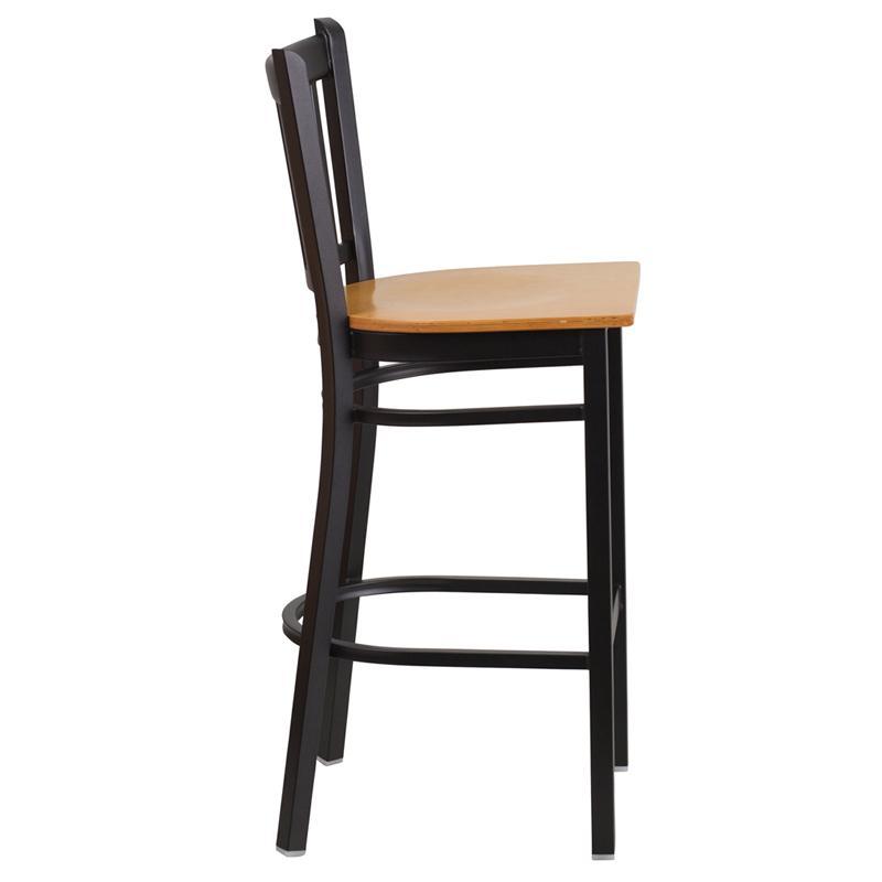 HERCULES Series Black Vertical Back Metal Restaurant Barstool - Natural Wood Seat - Side