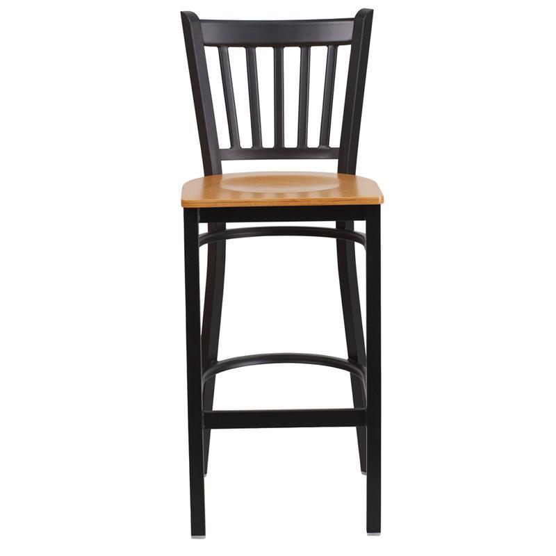 HERCULES Series Black Vertical Back Metal Restaurant Barstool - Natural Wood Seat - Front