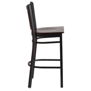 HERCULES Series Black Vertical Back Metal Restaurant Barstool - Walnut Wood Seat - Side