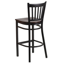 HERCULES Series Black Vertical Back Metal Restaurant Barstool - Walnut Wood Seat - Back