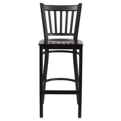 HERCULES Series Black Vertical Back Metal Restaurant Barstool - Walnut Wood Seat - Front