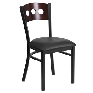 HERCULES Series Black 3 Circle Back Metal Restaurant Chair - Walnut Wood Back, Black Vinyl Seat