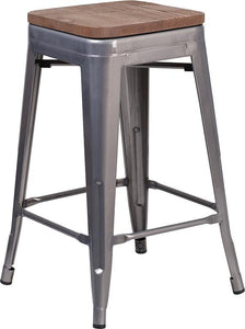 24" High Backless Clear Coated Metal Counter Height Stool with Square Wood Seat