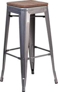 30" High Backless Clear Coated Metal Barstool with Square Wood Seat