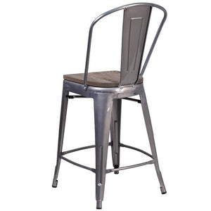 24" High Clear Coated Counter Height Stool with Back and Wood Seat