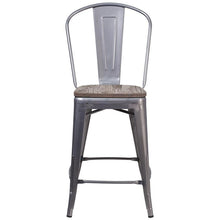 Load image into Gallery viewer, 24&quot; High Clear Coated Counter Height Stool with Back and Wood Seat