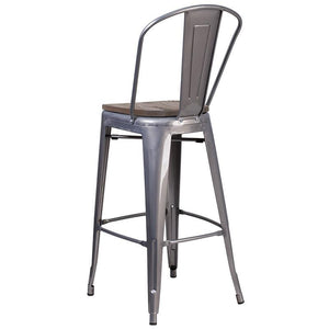 30" High Clear Coated Barstool with Back and Wood Seat