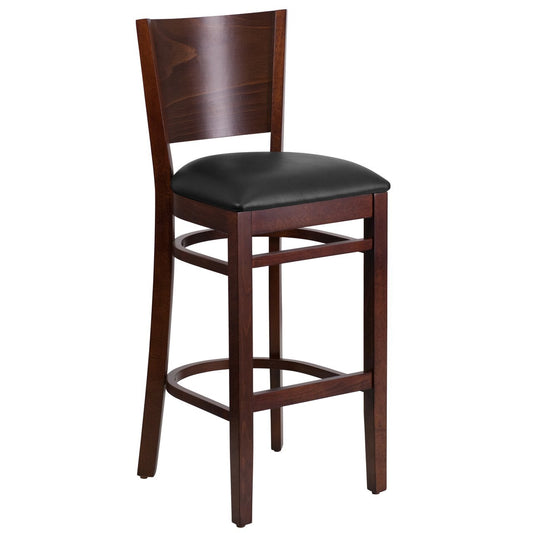LACEY Series Solid Back Walnut Wood Restaurant Barstool - Black Vinyl Seat