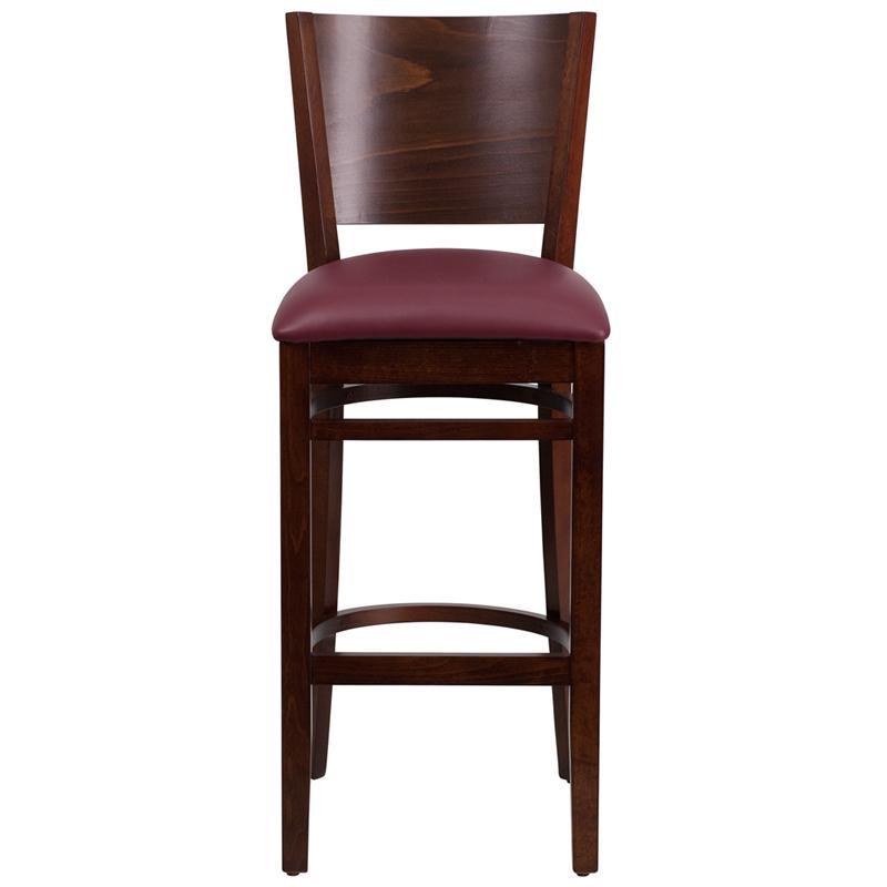 LACEY Series Solid Back Walnut Wood Restaurant Barstool - Burgundy Vinyl Seat