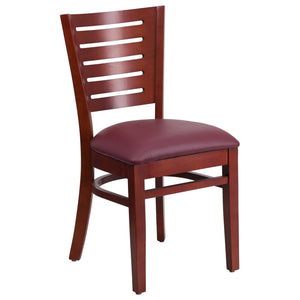 Darby Series Slat Back Mahogany Wood Restaurant Chair - Burgundy Vinyl Seat