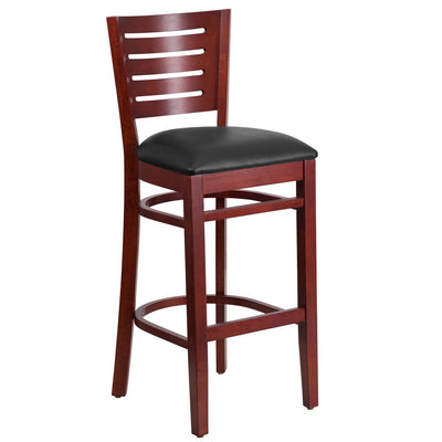 DARBY Series Slat Back Mahogany Wood Restaurant Barstool - Black Vinyl Seat