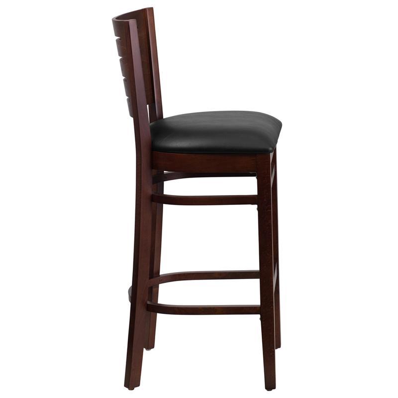 DARBY Series Slat Back Walnut Wood Restaurant Barstool - Black Vinyl Seat
