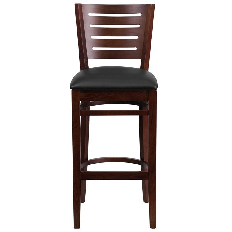 DARBY Series Slat Back Walnut Wood Restaurant Barstool - Black Vinyl Seat