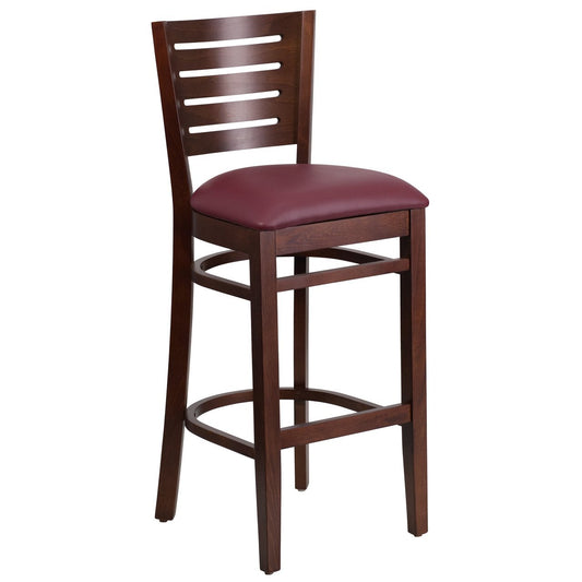 DARBY Series Slat Back Walnut Wood Restaurant Barstool - Burgundy Vinyl Seat