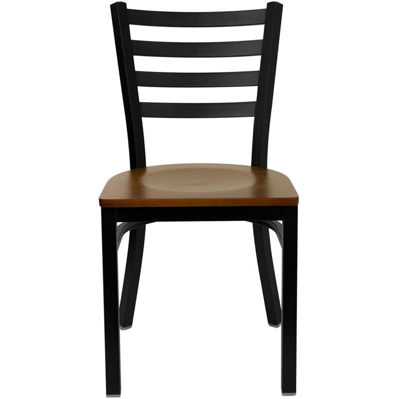 Heavy Duty Black Ladder Back Metal Restaurant Chair - Cherry Wood Seat - Front