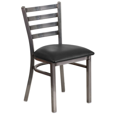 Heavy Duty Clear Coated Ladder Back Metal Restaurant Chair - Black Vinyl Seat