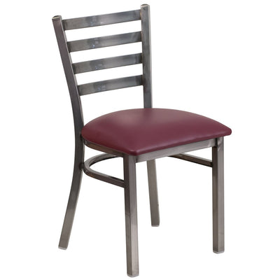 Heavy Duty Clear Coated Ladder Back Metal Restaurant Chair - Burgundy Vinyl Seat