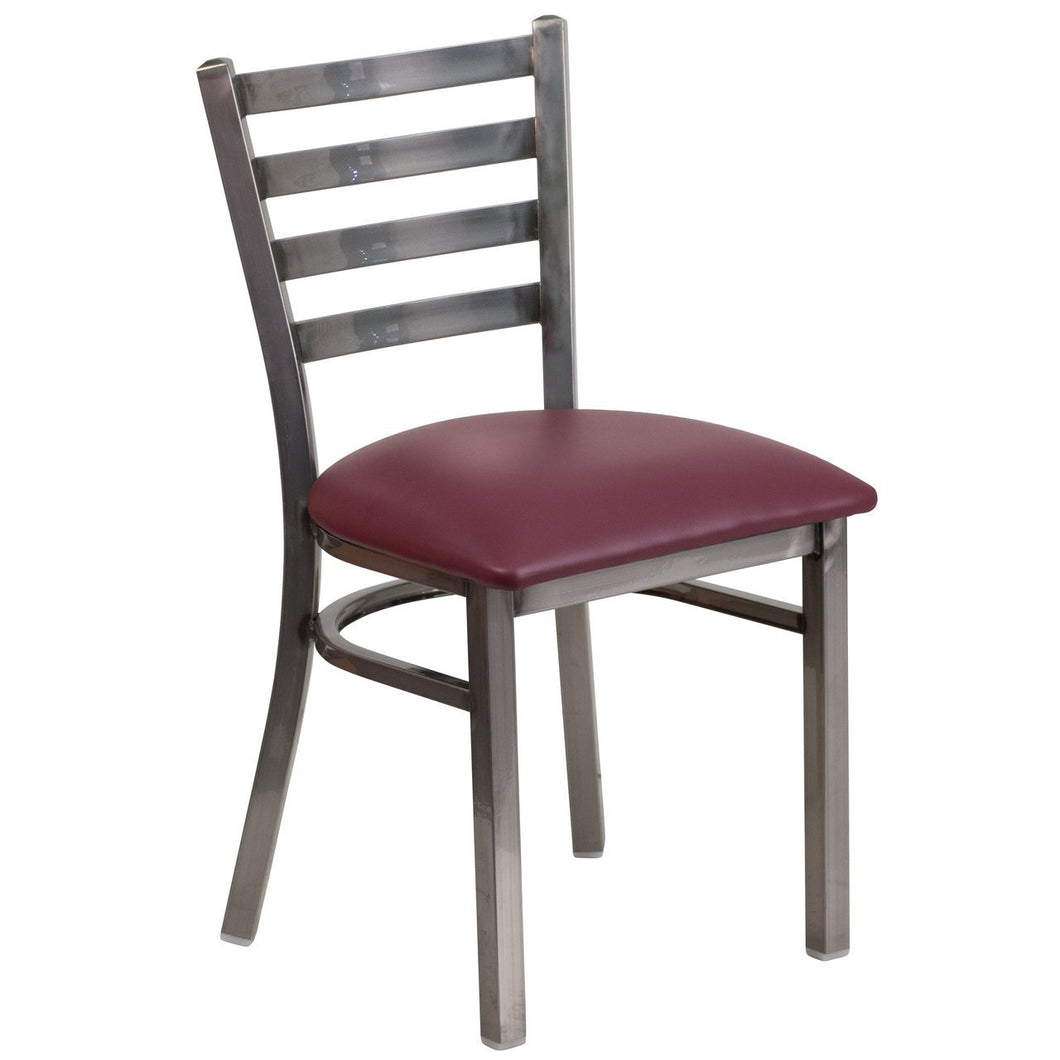 HERCULES Series Clear Coated Ladder Back Metal Restaurant Chair - Burgundy Vinyl Seat