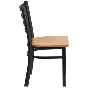 HERCULES Series Black Ladder Back Metal Restaurant Chair - Natural Wood Seat
