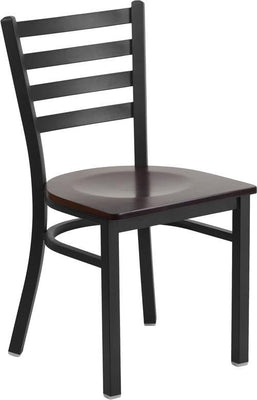 Heavy Duty Black Ladder Back Metal Restaurant Chair - Walnut Wood Seat