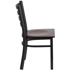 Heavy Duty Black Ladder Back Metal Restaurant Chair - Walnut Wood Seat - Side
