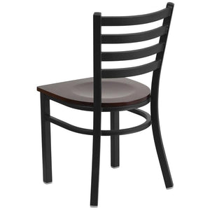 HERCULES Series Black Ladder Back Metal Restaurant Chair - Walnut Wood Seat