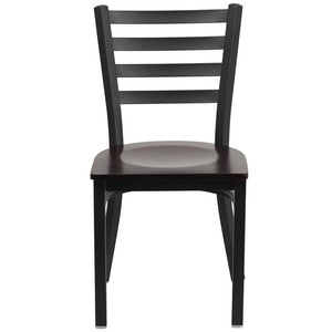 Heavy Duty Black Ladder Back Metal Restaurant Chair - Walnut Wood Seat - Front