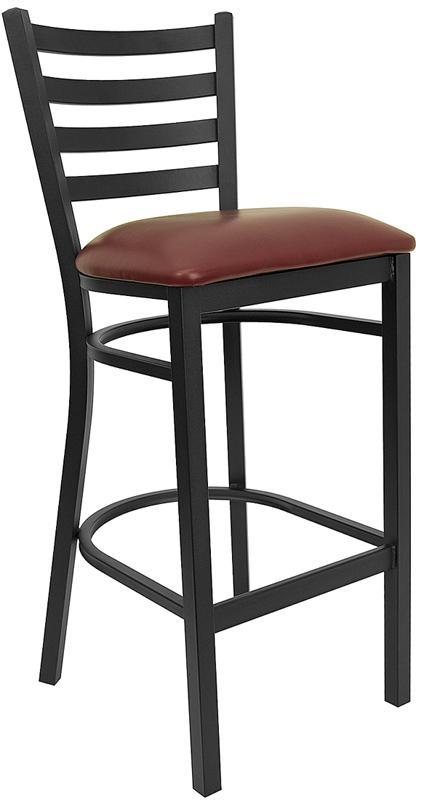 Heavy Duty Black Ladder Back Metal Restaurant Barstool with Burgundy Vinyl Seat