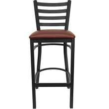 Load image into Gallery viewer, Heavy Duty Black Ladder Back Metal Restaurant Barstool with Burgundy Vinyl Seat