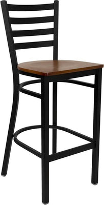 Heavy Duty Black Ladder Back Metal Restaurant Barstool - Cherry Wood Seat