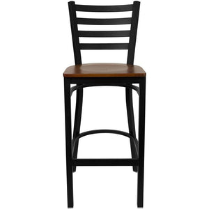 HERCULES Series Black Ladder Back Metal Restaurant Barstool - Cherry Wood Seat