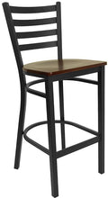 Heavy Duty Black Ladder Back Metal Restaurant Barstool - Mahogany Wood Seat