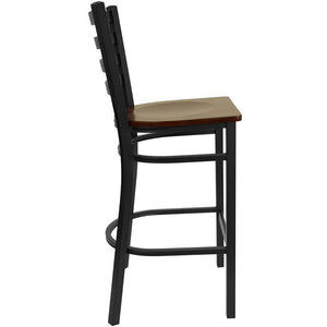 HERCULES Series Black Ladder Back Metal Restaurant Barstool - Mahogany Wood Seat