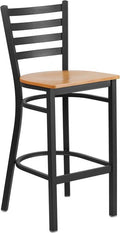 Heavy Duty Black Ladder Back Metal Restaurant Barstool - Natural Wood Seat