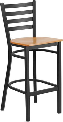 Heavy Duty Black Ladder Back Metal Restaurant Barstool - Natural Wood Seat