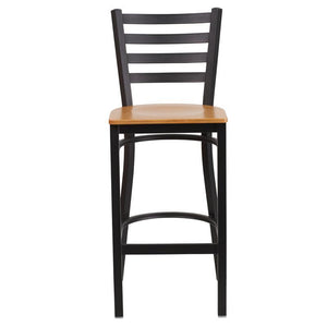 HERCULES Series Black Ladder Back Metal Restaurant Barstool - Natural Wood Seat