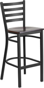 HERCULES Series Black Ladder Back Metal Restaurant Barstool - Walnut Wood Seat