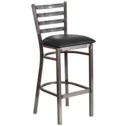 Heavy Duty Clear Coat Ladder Back Metal Restaurant Barstool with Black Vinyl Seat