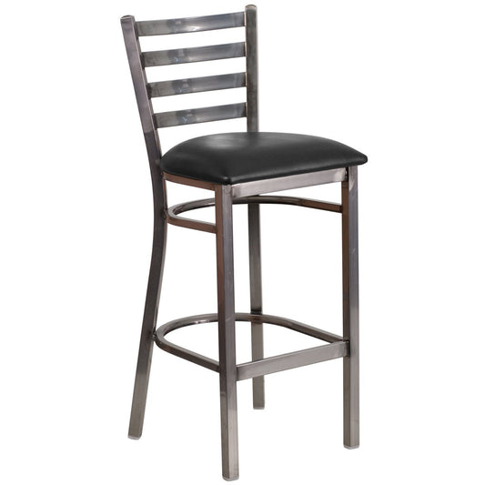 HERCULES Series Clear Coated Ladder Back Metal Restaurant Barstool - Black Vinyl Seat