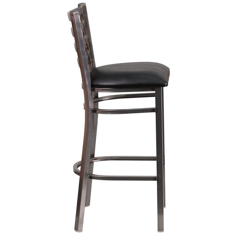 Heavy Duty Clear Coat Ladder Back Metal Restaurant Barstool with Black Vinyl Seat